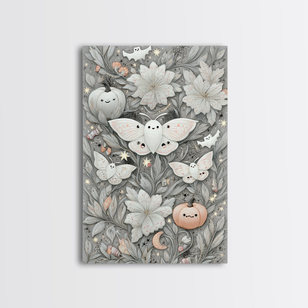 The Moon-Moth Garden, Hand Sketch Halloween Art, Vertical Wall Art, Canvas Print, Cute Halloween Wall Art