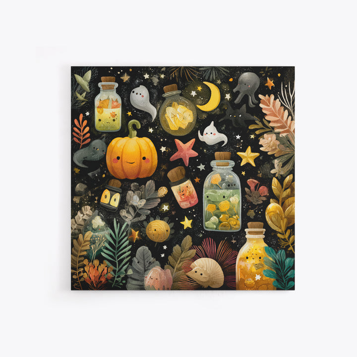 The Apothecary Of Black Seashell Dreams, Gouache Halloween Art, Square Wall Art, Canvas Print, Cute Halloween Wall Art