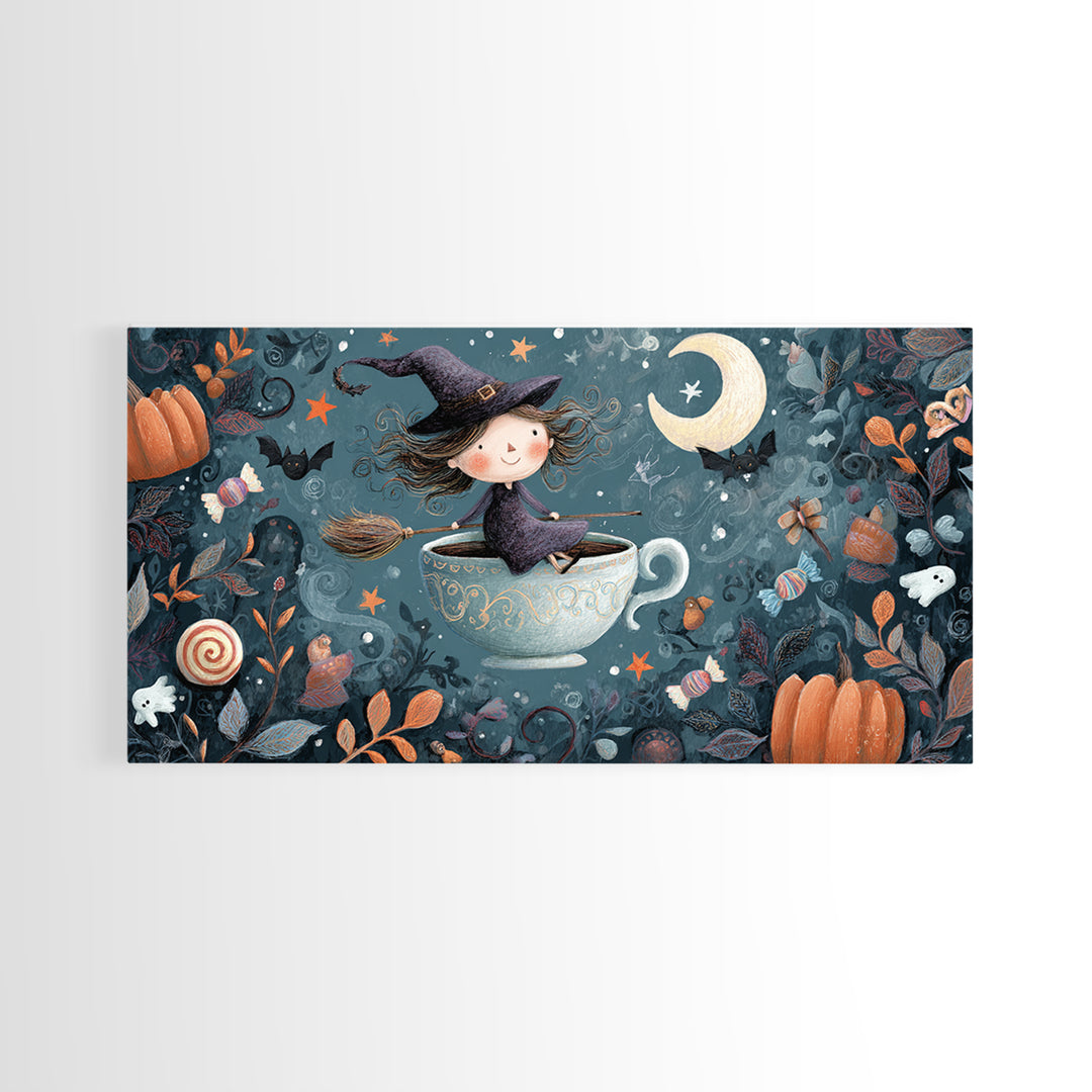 The Teacup Witch, Crayon Halloween Art, Wide Panoramic Art, Framed Canvas Print, Cute Halloween Wall Art