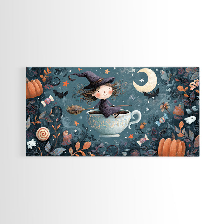 The Teacup Witch, Crayon Halloween Art, Wide Panoramic Art, Framed Canvas Print, Cute Halloween Wall Art
