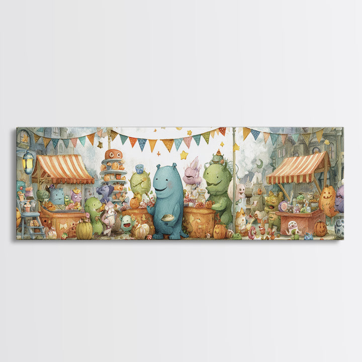 The Friendly Monster Market, Pastel Halloween Art, Extra Wide Wall Art, Canvas Print, Cute Halloween Wall Art