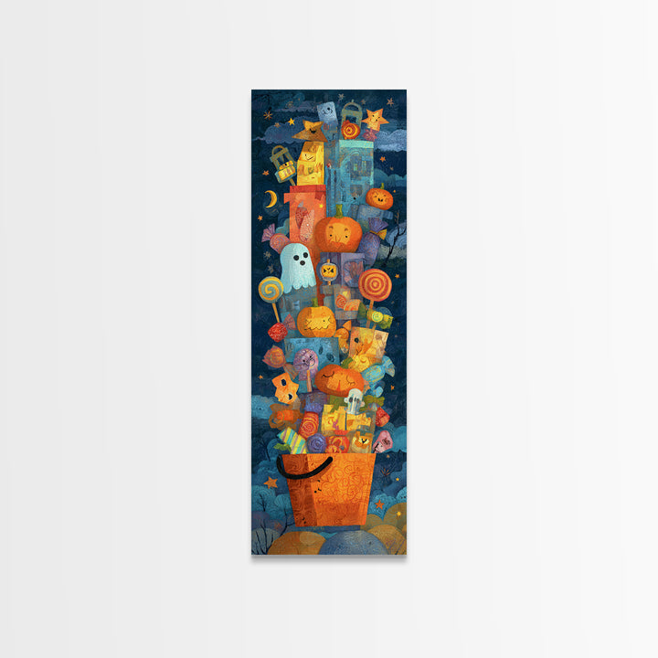 The Candy Basket Sleepover, Paper Collage Halloween, Tall Narrow Wall Art, Framed Canvas Print, Cute Halloween Wall Art