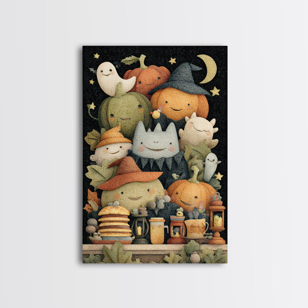 The Pumpkin Pancake Breakfast, Felt Halloween Art, Vertical Wall Art, Canvas Print, Cute Halloween Wall Art