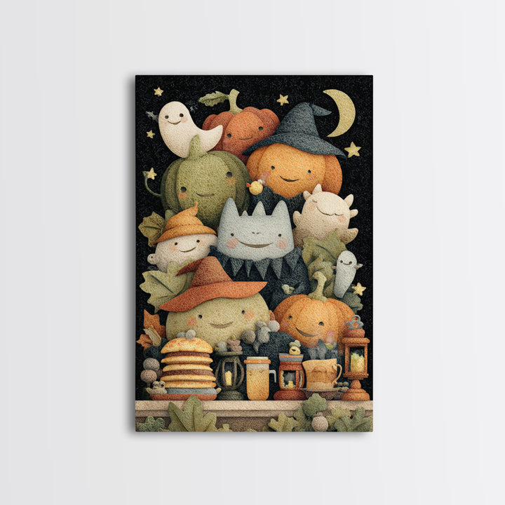 The Pumpkin Pancake Breakfast, Felt Halloween Art, Vertical Wall Art, Canvas Print, Cute Halloween Wall Art