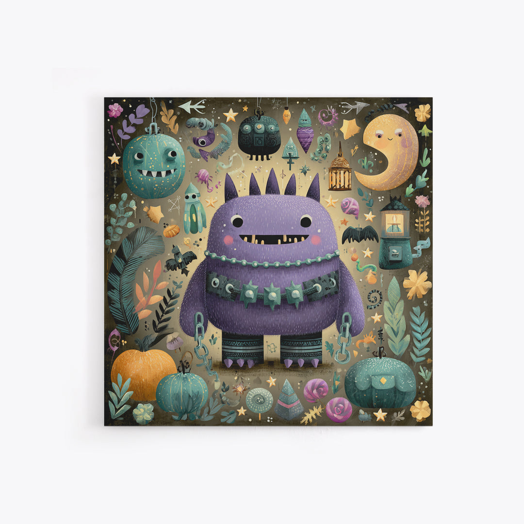 The Moonlit Shoggoth Menagerie, Plush Halloween Art, Square Wall Art, Canvas Print, Cute Halloween Wall Art