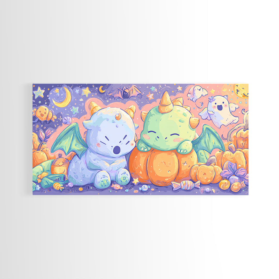 The Sleepy Costume Dragon, Kawaii Halloween Art, Wide Panoramic Art, Framed Canvas Print, Cute Halloween Wall Art