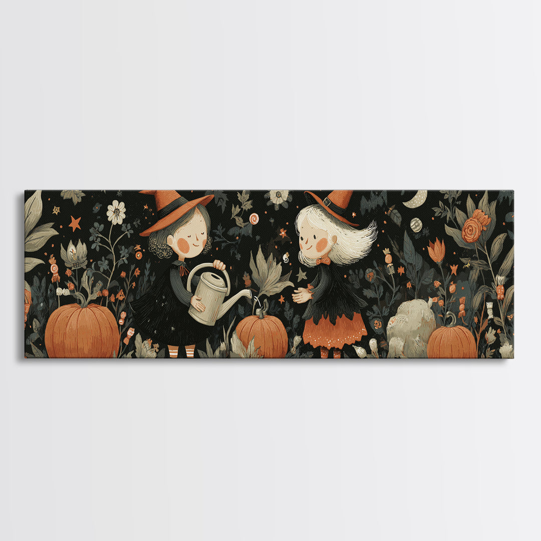 The Moon Garden Witch, Retro Halloween Art, Extra Wide Wall Art, Canvas Print, Cute Halloween Wall Art