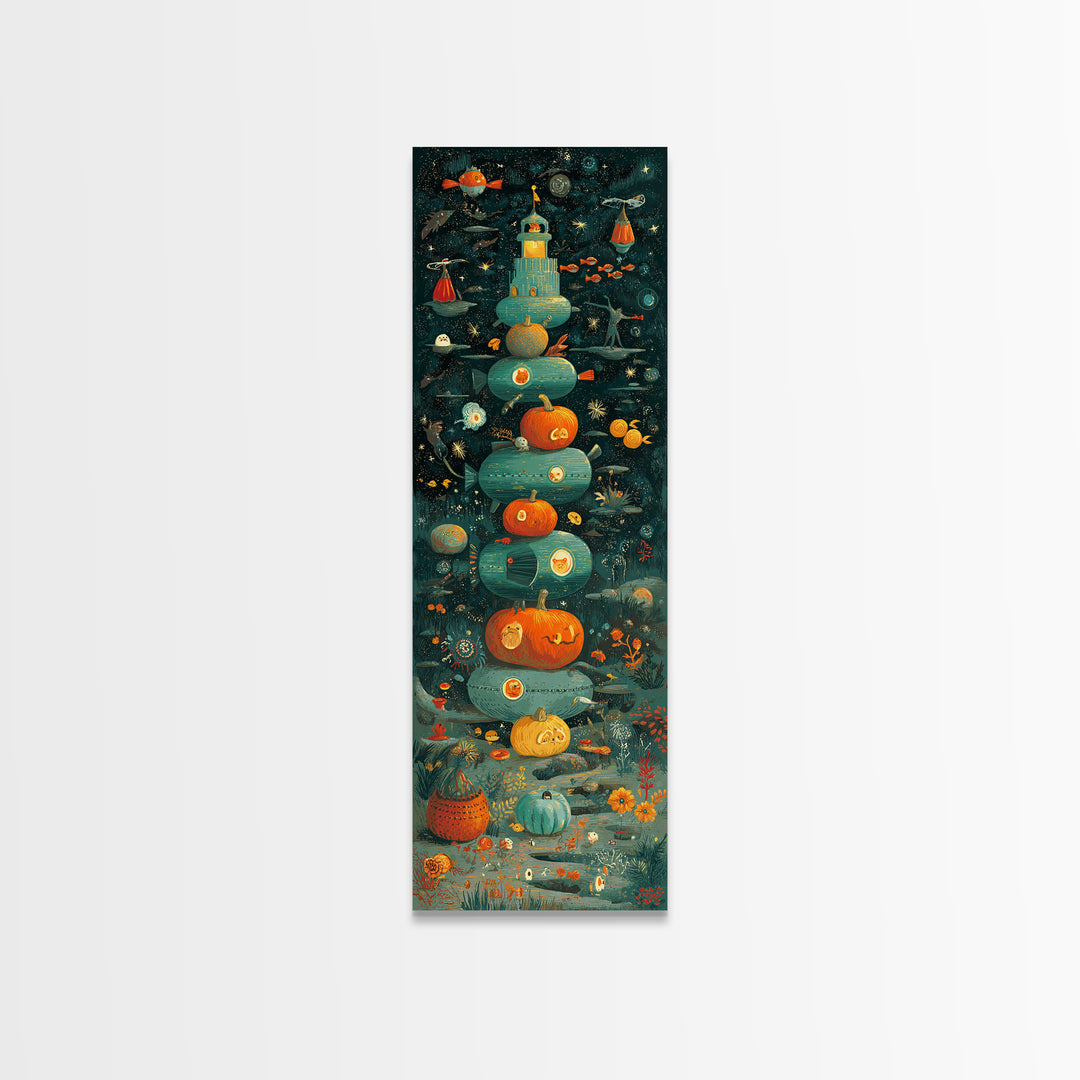 The Pumpkin Submarine, Screenprint Halloween Art, Tall Narrow Wall Art, Framed Canvas Print, Cute Halloween Wall Art