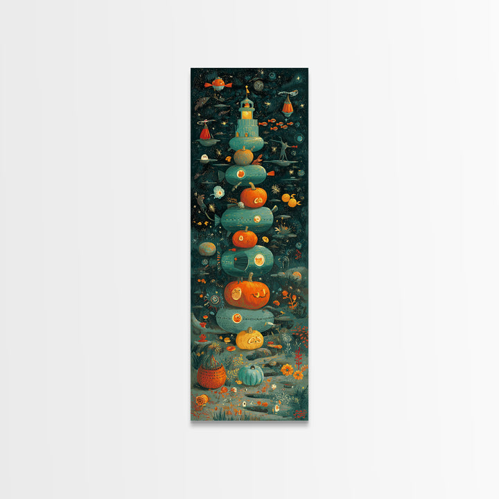The Pumpkin Submarine, Screenprint Halloween Art, Tall Narrow Wall Art, Framed Canvas Print, Cute Halloween Wall Art