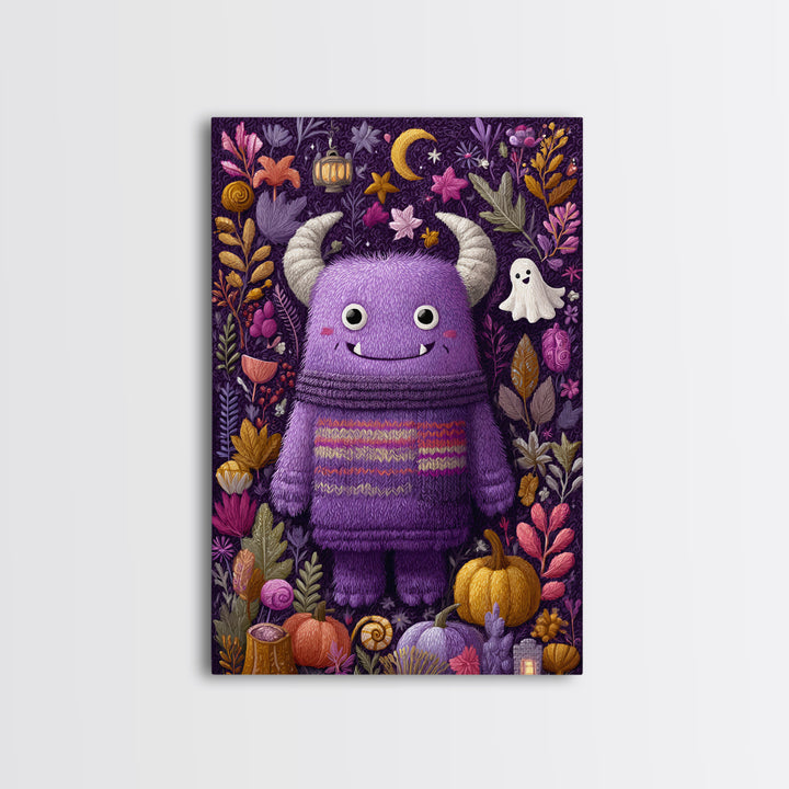 The Fuzzy Purple Monster, Folk Halloween Art, Vertical Wall Art, Canvas Print, Cute Halloween Wall Art