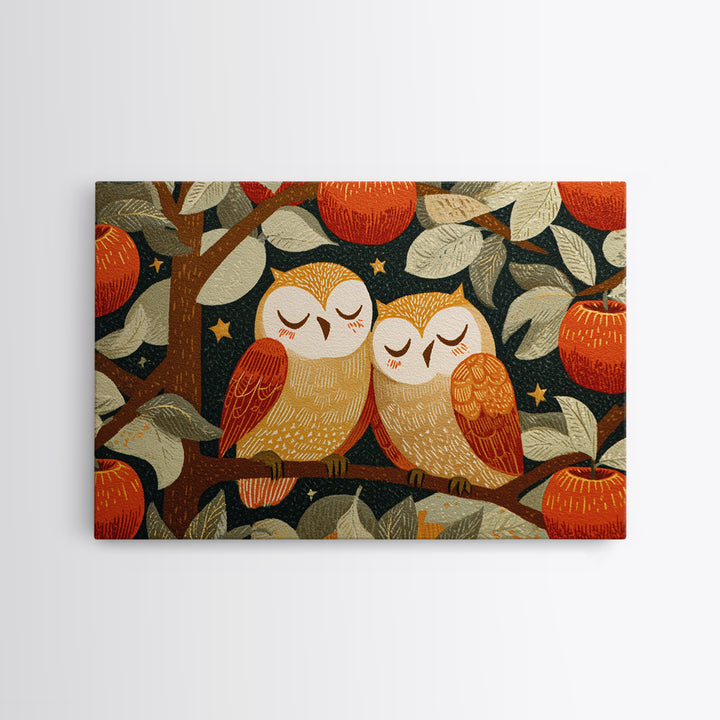 The Sleepy Owl Orchard, Linocut Halloween Art, Landscape Wall Art, Framed Canvas Print, Cute Halloween Wall Art