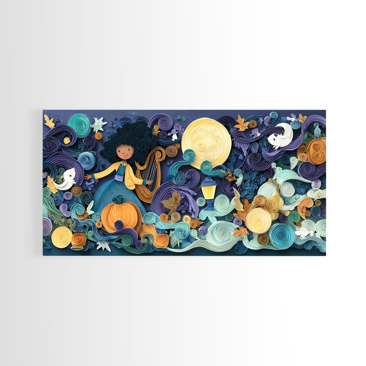 The Harpist Of Abyssal Sleep, Quilled Halloween Art, Wide Panoramic Art, Framed Canvas Print, Cute Halloween Wall Art