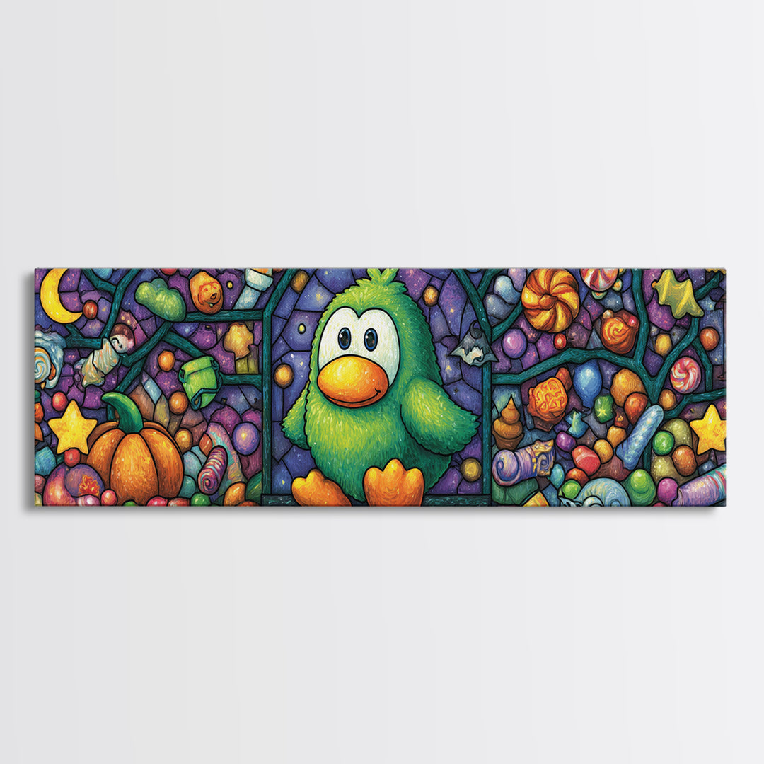 The Penguin Monster, Stained Glass Halloween, Extra Wide Wall Art, Canvas Print, Cute Halloween Wall Art