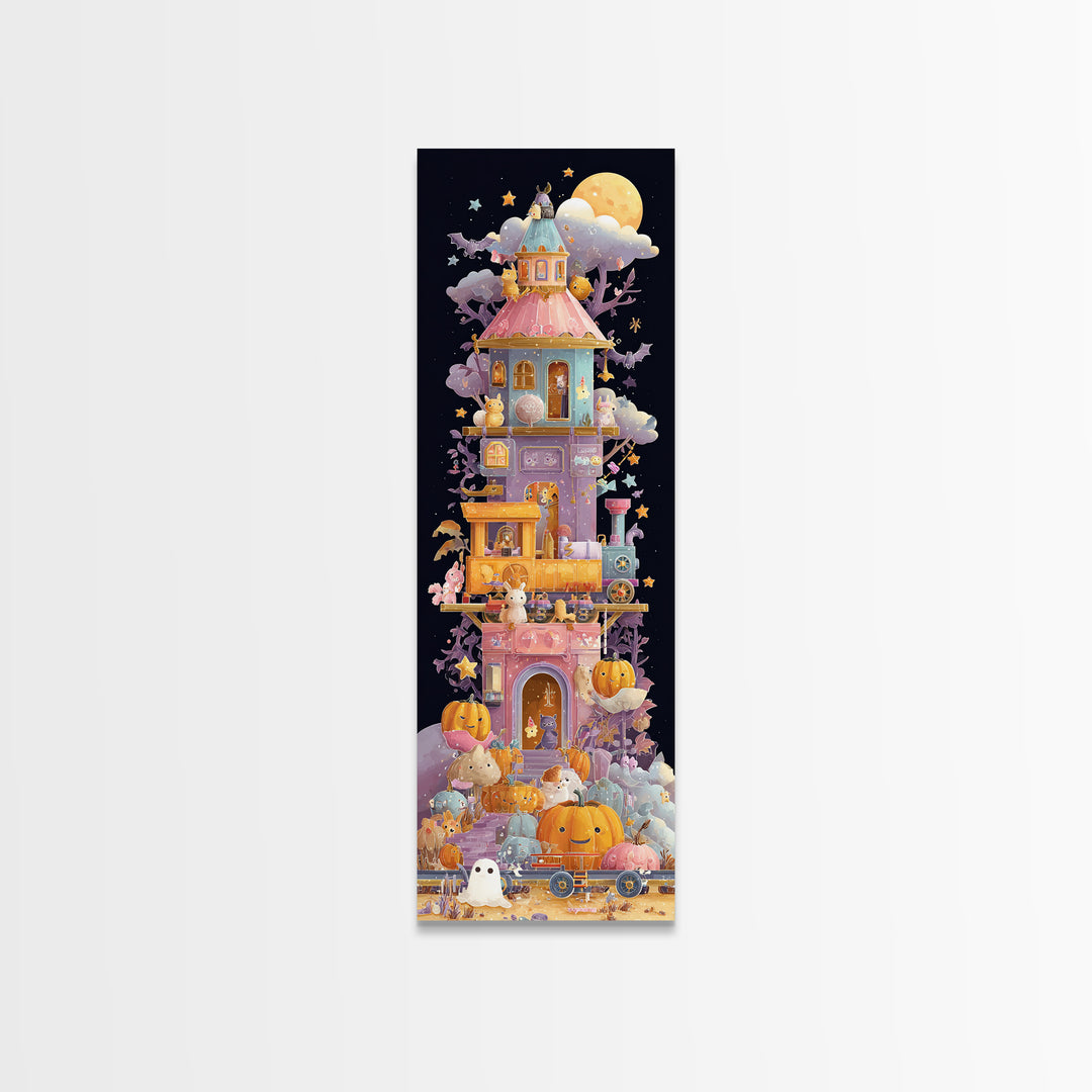 The Pumpkin Train Station, Vaporwave Halloween Art, Tall Narrow Wall Art, Framed Canvas Print, Cute Halloween Wall Art