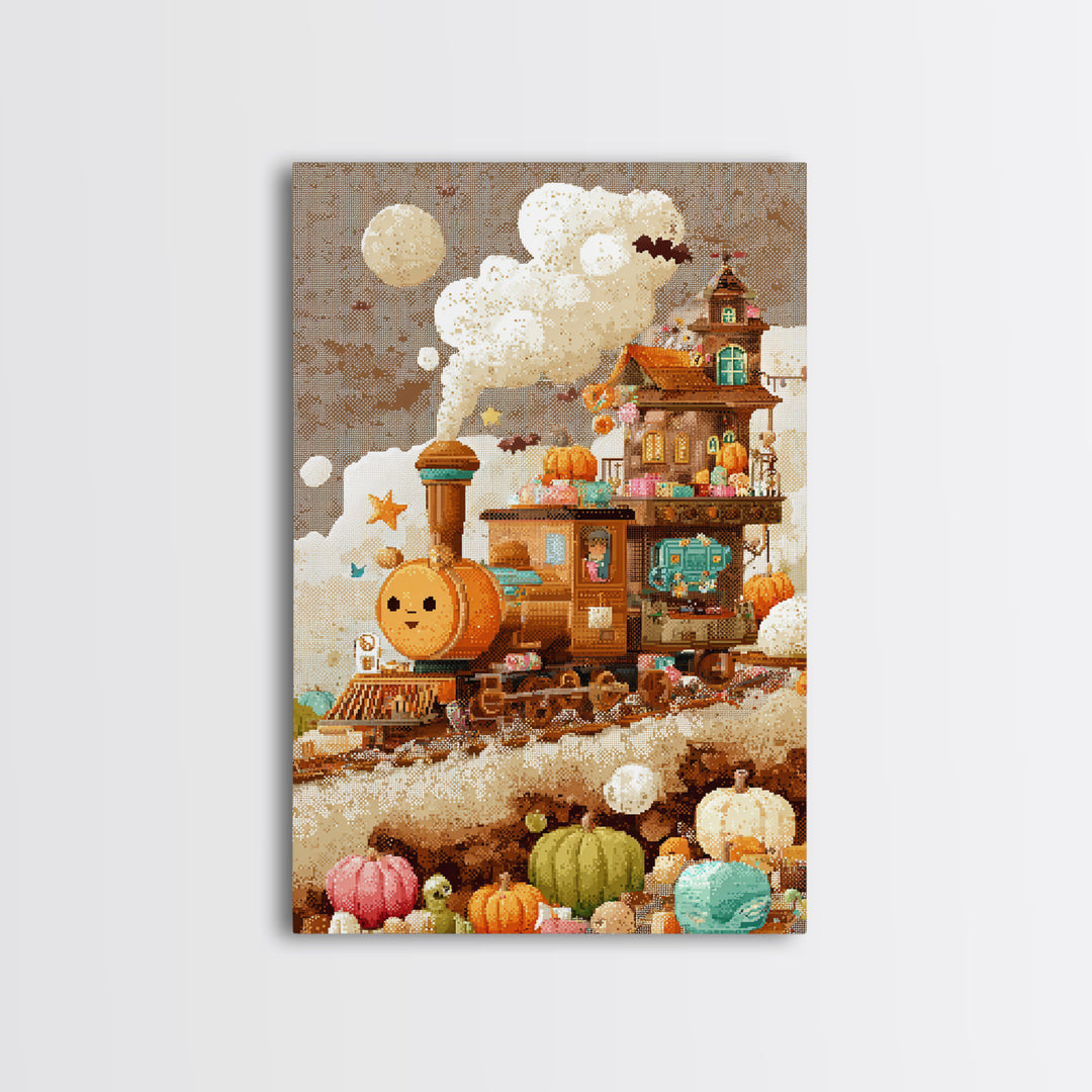 The Chocolate Pumpkin Train, Pixel Halloween Art, Vertical Wall Art, Canvas Print, Cute Halloween Wall Art