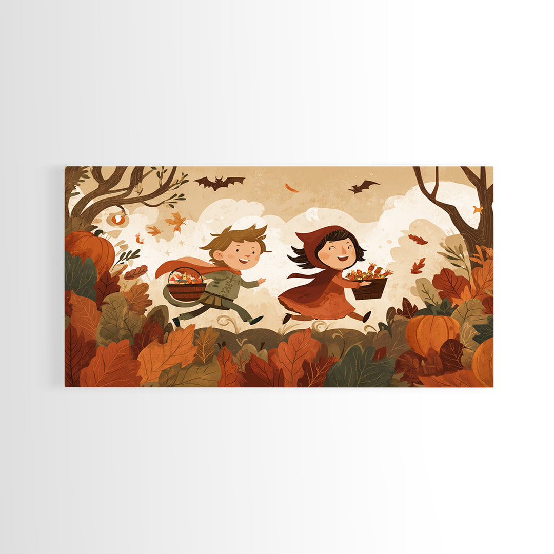 The Candy Bucket Relay Race, Vector Halloween Art, Landscape Wall Art, Framed Canvas Print, Cute Halloween Wall Art, Storybook Decor