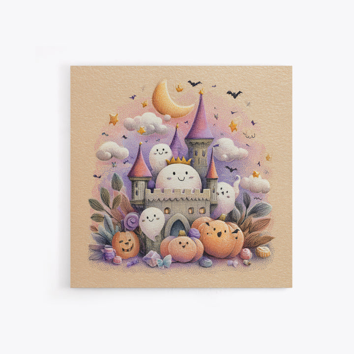 The Halloween Cloud Castle, Hand Sketch Halloween Art, Square Wall Art, Canvas Print, Cute Halloween Wall Art