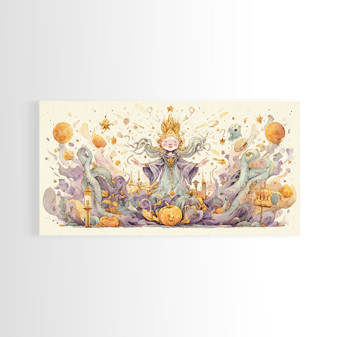 The Crown Of The Tentacled Saint, Watercolor Halloween Art, Wide Panoramic Art, Framed Canvas Print, Cute Halloween Wall Art