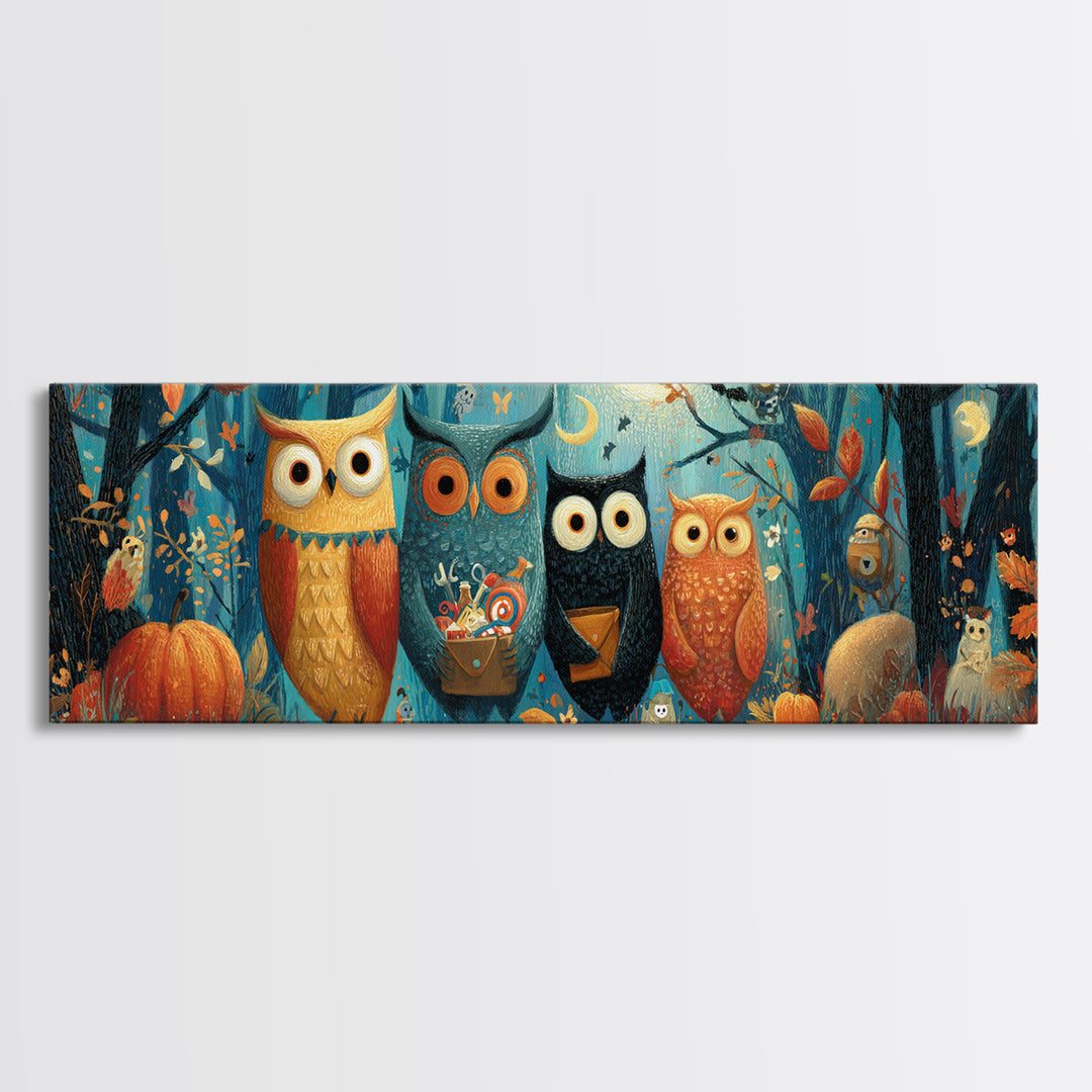 The Owl Postmaster, Gouache Halloween Art, Extra Wide Wall Art, Canvas Print, Cute Halloween Wall Art