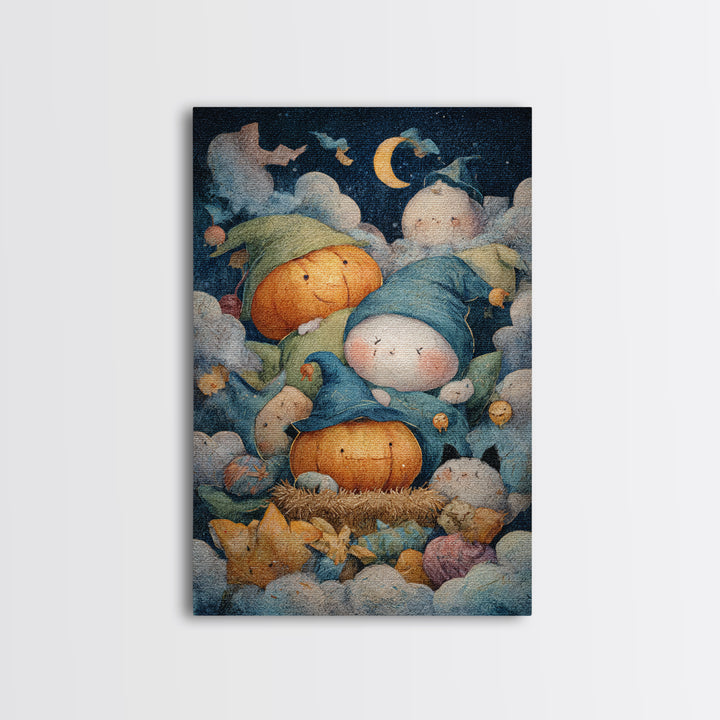 The Pumpkin Pajama Party, Pastel Halloween Art, Vertical Wall Art, Canvas Print, Cute Halloween Wall Art