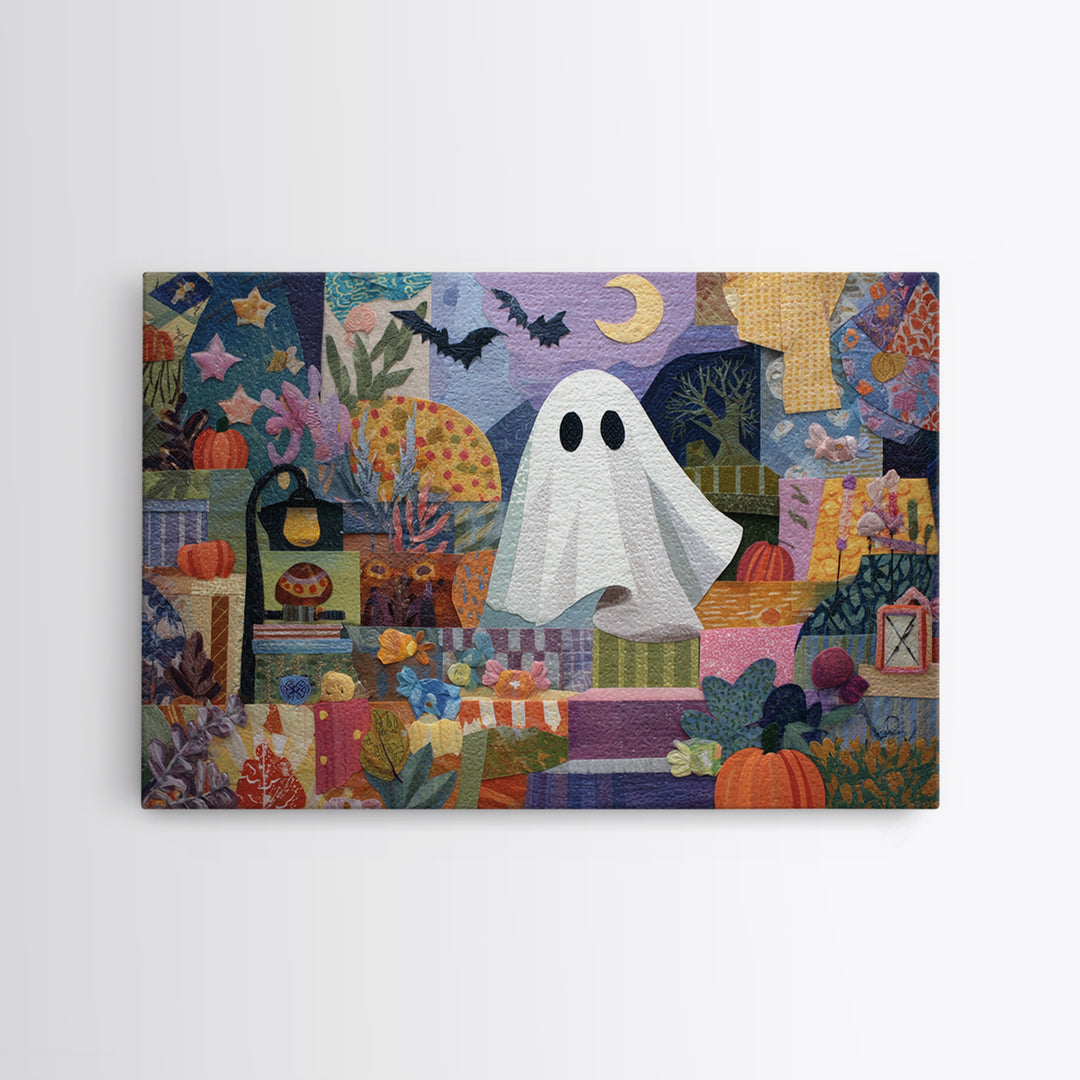 The Sleepy Blanket Ghost, Paper Collage Halloween, Landscape Wall Art, Framed Canvas Print, Cute Halloween Wall Art
