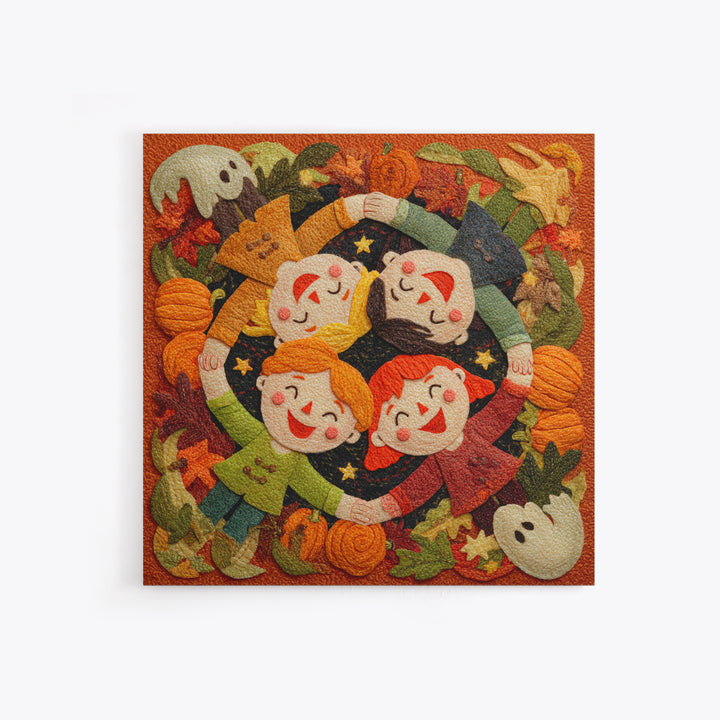The Dancing Autumn Leaves, Felt Halloween Art, Square Wall Art, Canvas Print, Cute Halloween Wall Art
