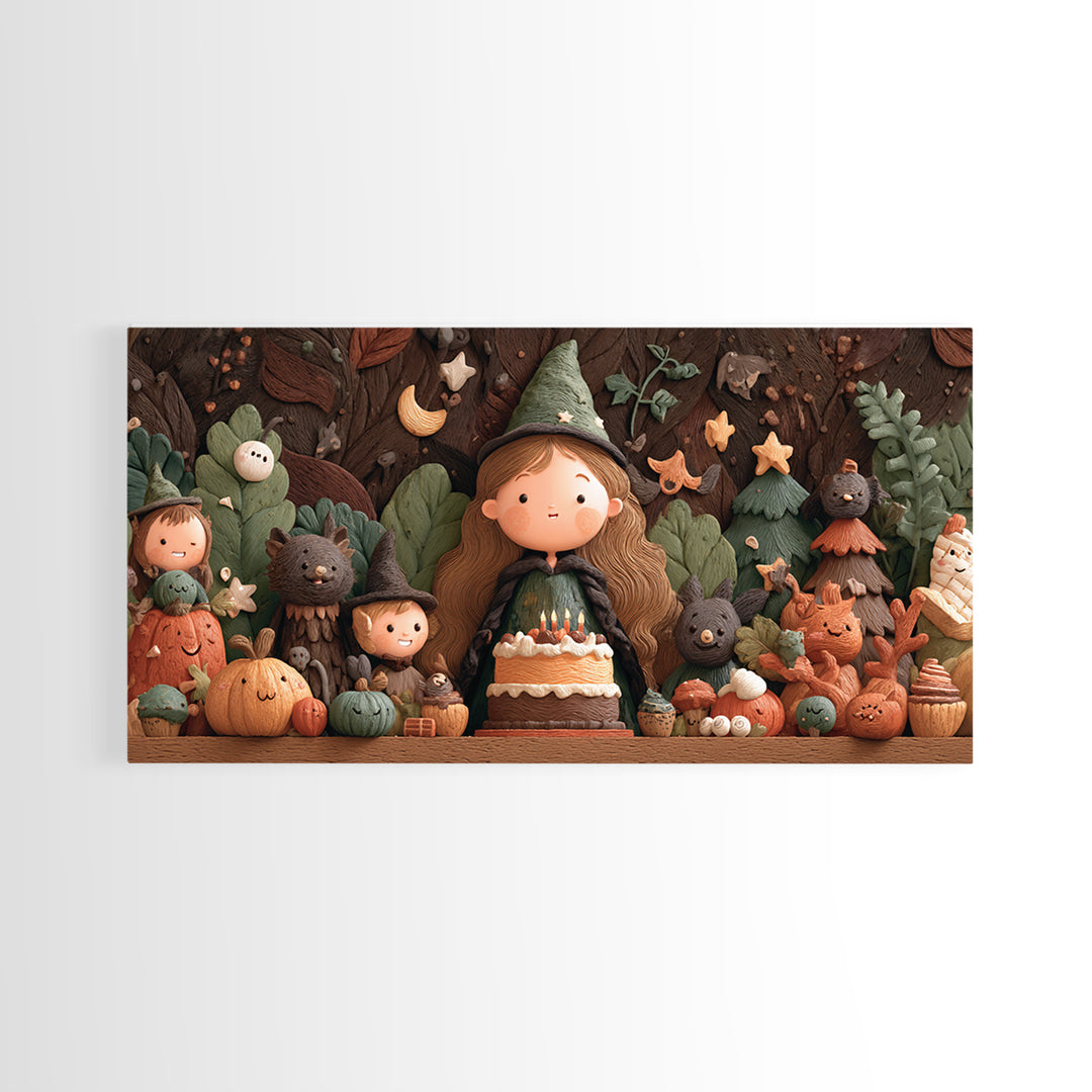 October'S Birthday Party, Clay Halloween Art, Wide Panoramic Art, Framed Canvas Print, Cute Halloween Wall Art