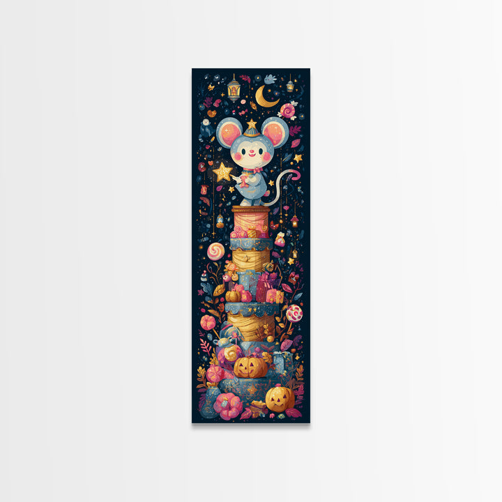 The Magician Mouse, Kawaii Halloween Art, Tall Narrow Wall Art, Framed Canvas Print, Cute Halloween Wall Art
