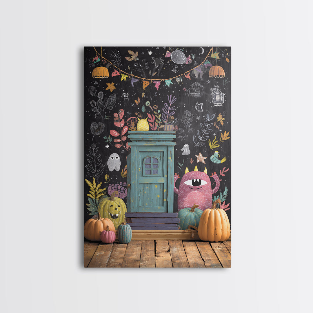 The Little Monster School, Retro Halloween Art, Vertical Wall Art, Canvas Print, Cute Halloween Wall Art