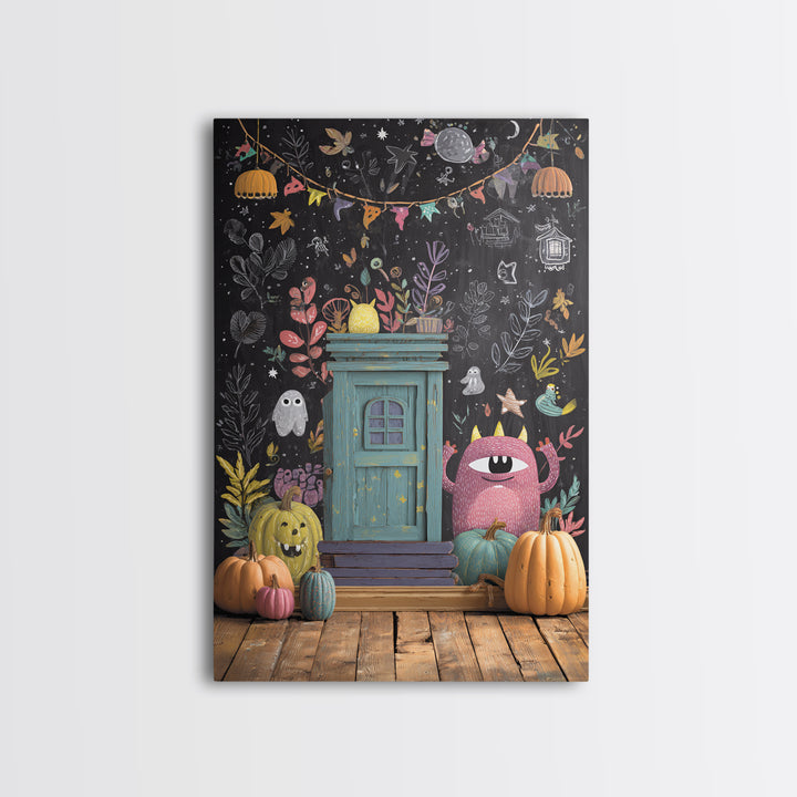 The Little Monster School, Retro Halloween Art, Vertical Wall Art, Canvas Print, Cute Halloween Wall Art