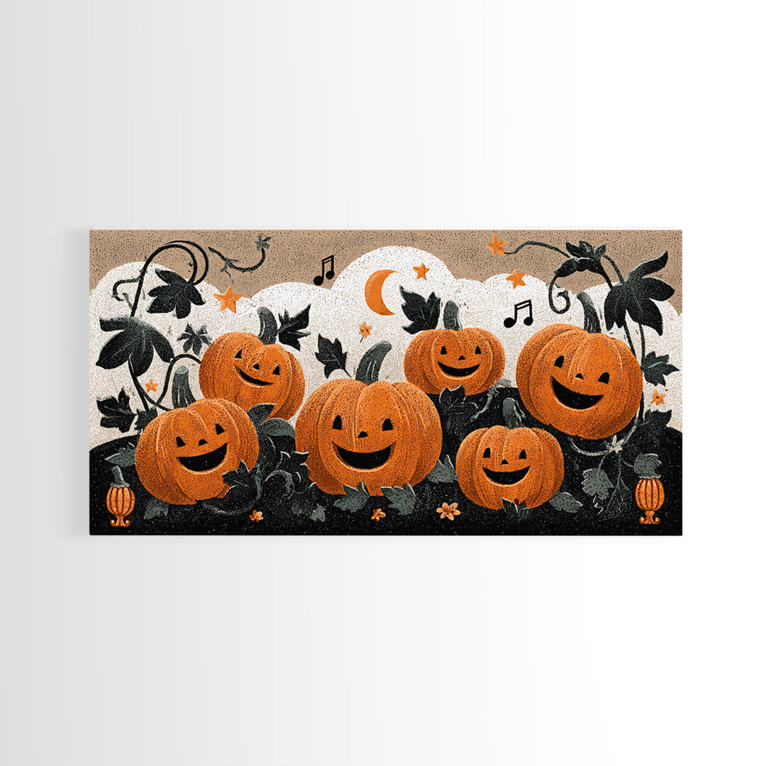 The Singing Pumpkin Patch, Linocut Halloween Art, Wide Panoramic Art, Framed Canvas Print, Cute Halloween Wall Art