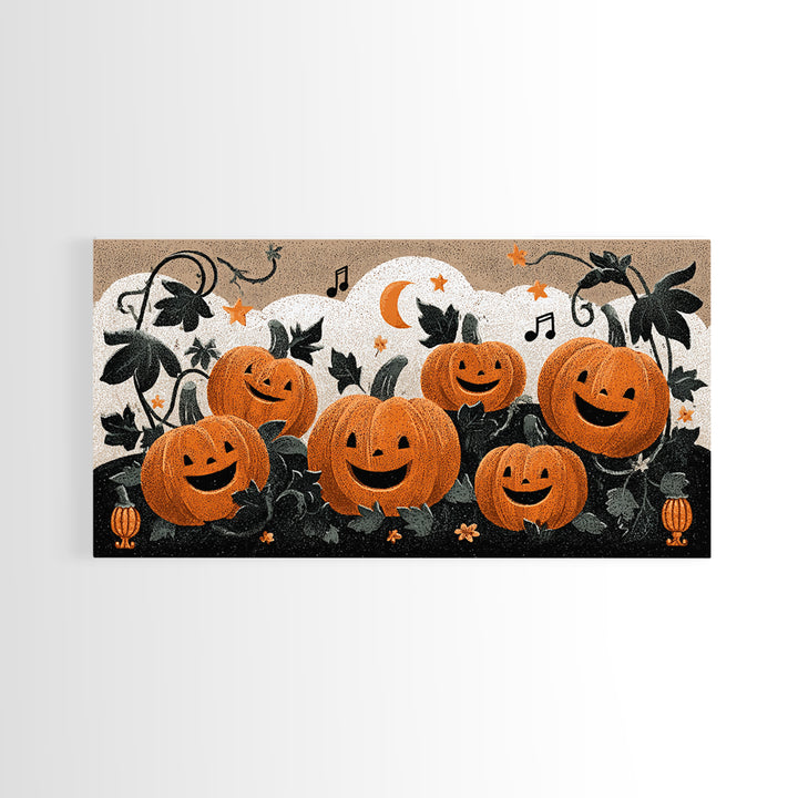 The Singing Pumpkin Patch, Linocut Halloween Art, Wide Panoramic Art, Framed Canvas Print, Cute Halloween Wall Art