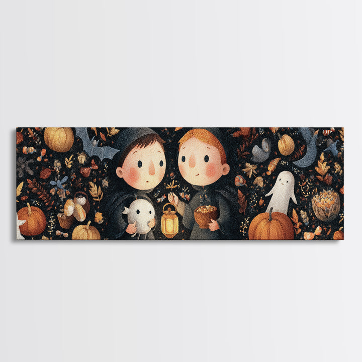 The Child Who Caught A Moon-Spawn, Embroidered Halloween Art, Extra Wide Wall Art, Canvas Print, Cute Halloween Wall Art