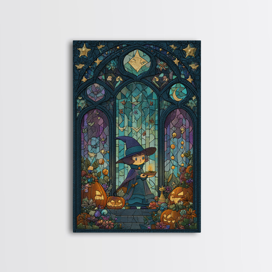 The Tiny Hat Shop Witch, Stained Glass Halloween, Vertical Wall Art, Canvas Print, Cute Halloween Wall Art