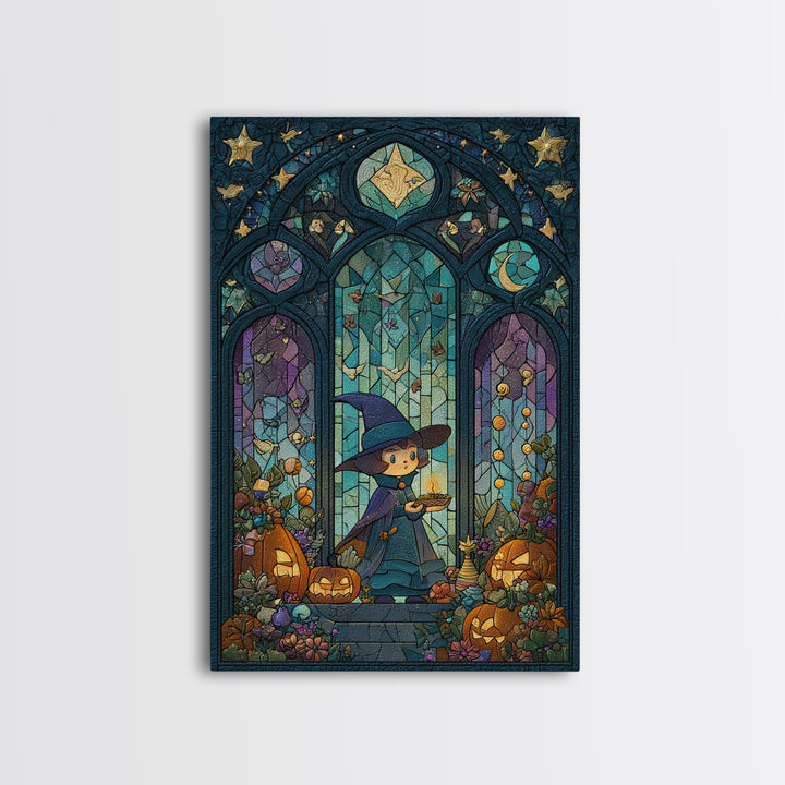 The Tiny Hat Shop Witch, Stained Glass Halloween, Vertical Wall Art, Canvas Print, Cute Halloween Wall Art