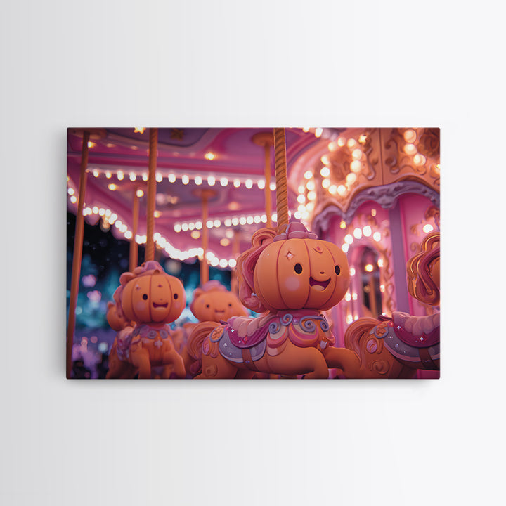 The Pumpkin Carousel, Vaporwave Halloween Art, Landscape Wall Art, Framed Canvas Print, Cute Halloween Wall Art