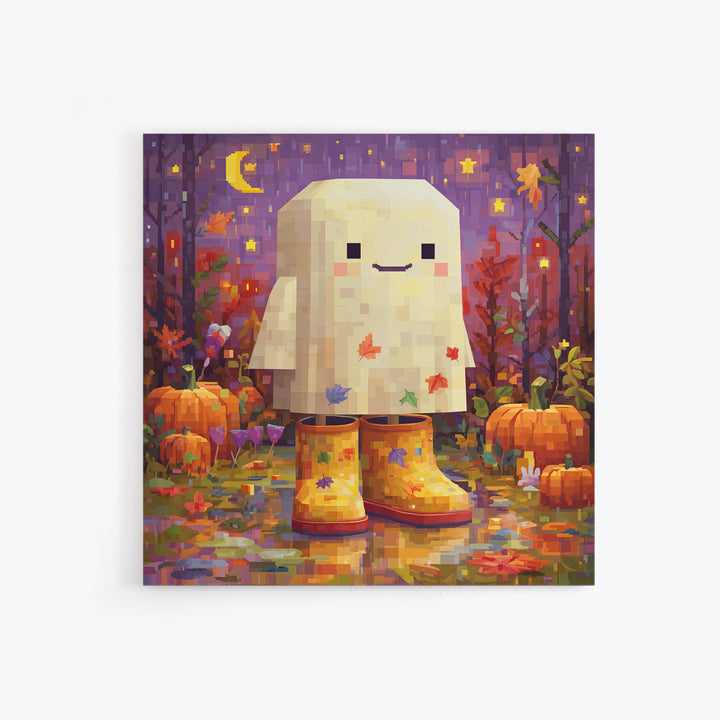 The Ghost In Rain Boots, Pixel Halloween Art, Square Wall Art, Canvas Print, Cute Halloween Wall Art