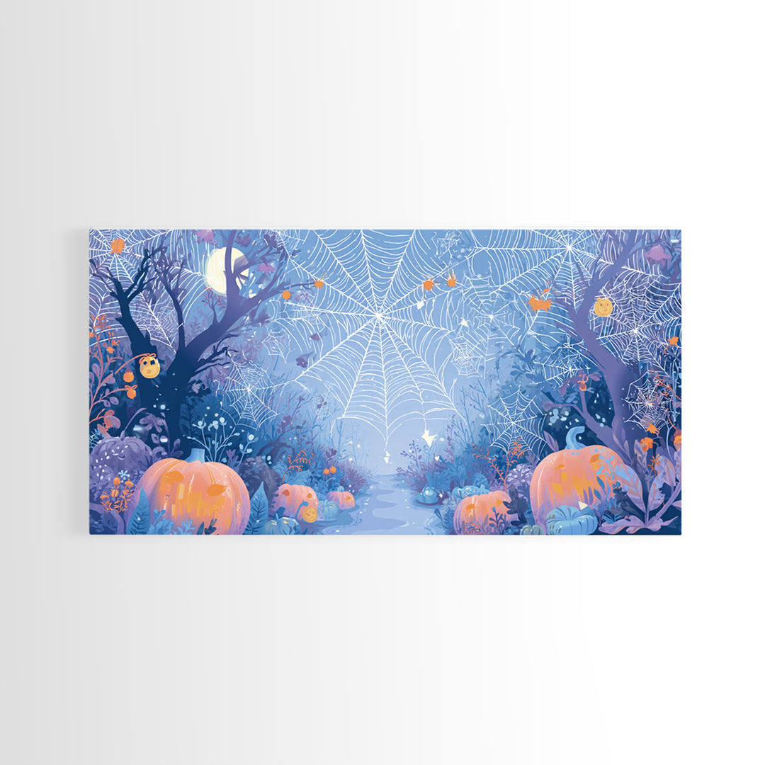 The Great Cobweb Knitting Contest, Vector Halloween Art, Wide Panoramic Art, Framed Canvas Print, Cute Halloween Wall Art