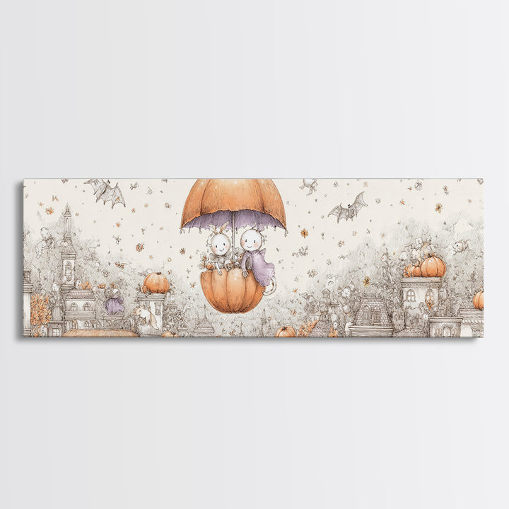 The Enchanted Umbrella Adventure, Hand Sketch Halloween Art, Extra Wide Wall Art, Canvas Print, Cute Halloween Wall Art