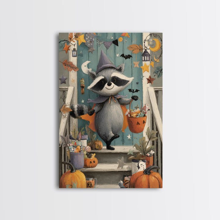 The Raccoon Trick-Or-Treater, Gouache Halloween Art, Vertical Wall Art, Canvas Print, Cute Halloween Wall Art