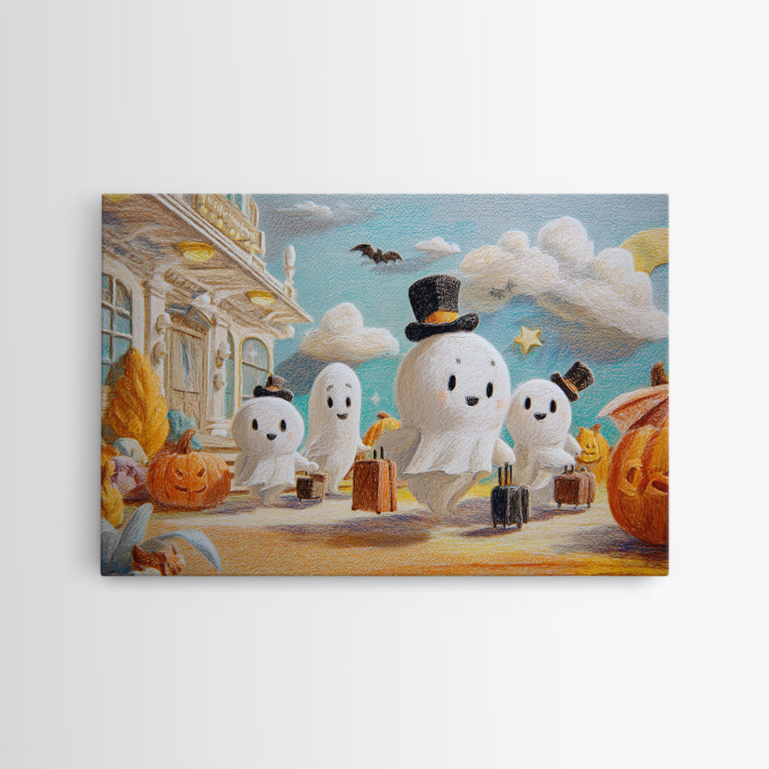The Friendly Ghost Hotel, Crayon Halloween Art, Landscape Wall Art, Framed Canvas Print, Cute Halloween Wall Art