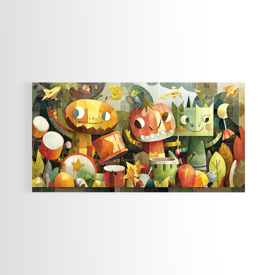 The Little Monster Orchestra, Paper Collage Halloween, Wide Panoramic Art, Framed Canvas Print, Cute Halloween Wall Art