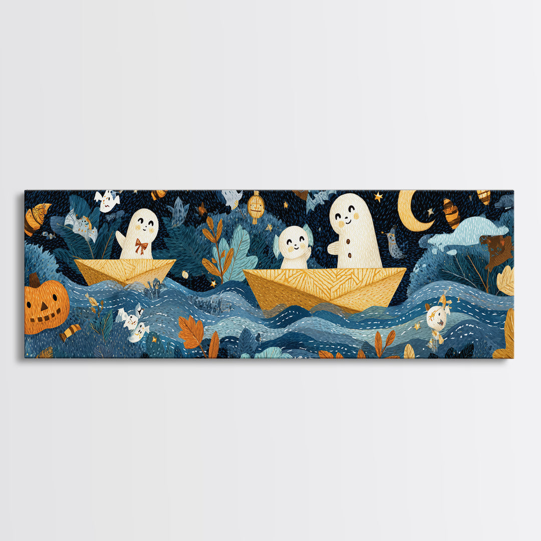The Golden Leaf River, Felt Halloween Art, Extra Wide Wall Art, Canvas Print, Cute Halloween Wall Art, Storybook Decor