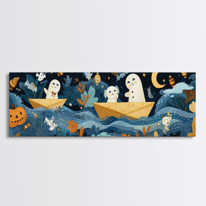 The Golden Leaf River, Felt Halloween Art, Extra Wide Wall Art, Canvas Print, Cute Halloween Wall Art, Storybook Decor
