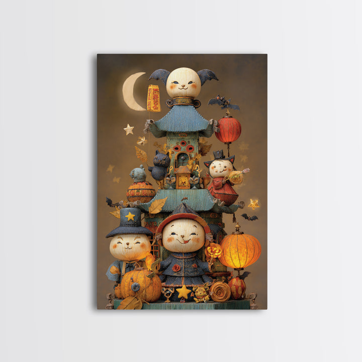 The Festival Of The Little Old Ones, Plush Halloween Art, Vertical Wall Art, Canvas Print, Cute Halloween Wall Art