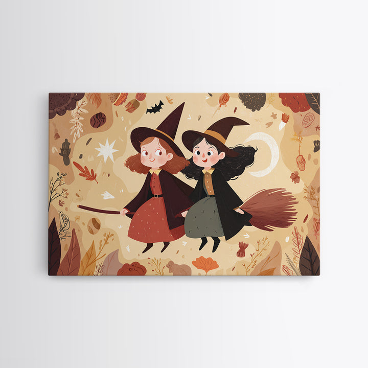 The Twin Broomstick Witches, Kawaii Halloween Art, Landscape Wall Art, Framed Canvas Print, Cute Halloween Wall Art