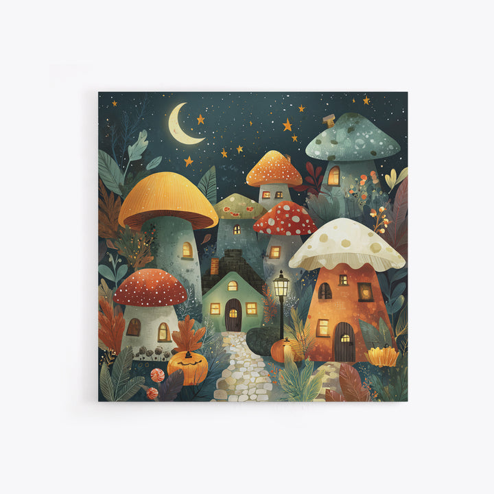 The Lantern-Lit Mushroom Village, Retro Halloween Art, Square Wall Art, Canvas Print, Cute Halloween Wall Art
