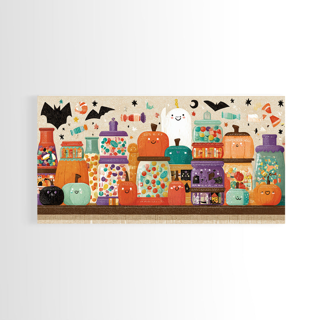 The Jellybean Potion Shop, Screenprint Halloween Art, Wide Panoramic Art, Framed Canvas Print, Cute Halloween Wall Art