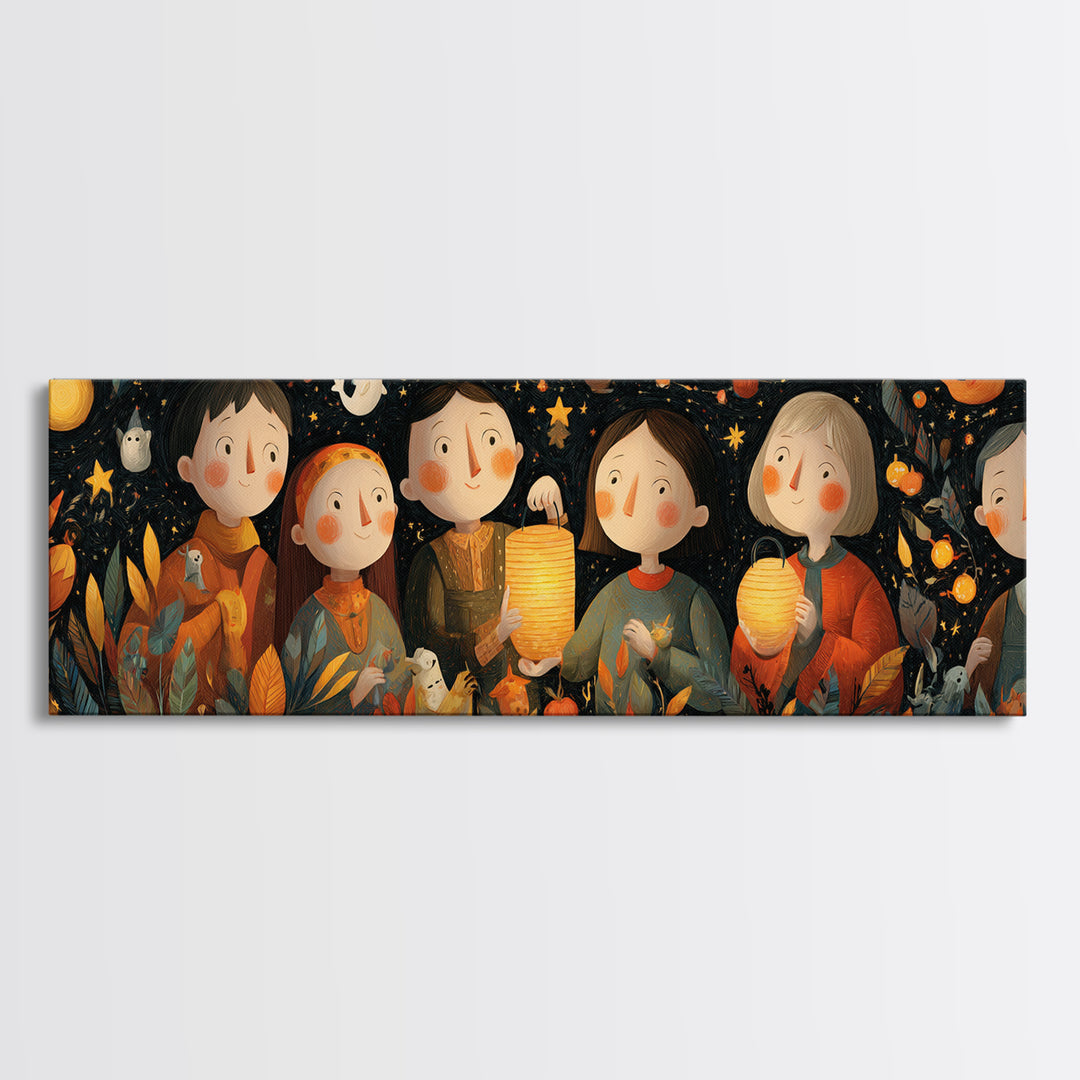 The Lantern-Making Festival, Folk Halloween Art, Extra Wide Wall Art, Canvas Print, Cute Halloween Wall Art