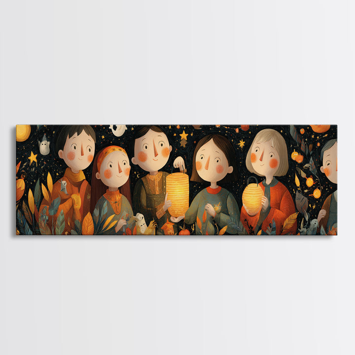 The Lantern-Making Festival, Folk Halloween Art, Extra Wide Wall Art, Canvas Print, Cute Halloween Wall Art